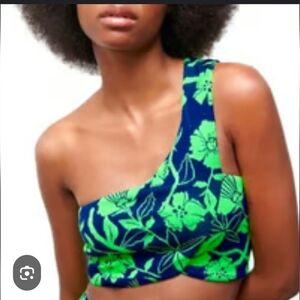 Zara Womens Navy/Green One Shoulder Floral Crop Top Size Large